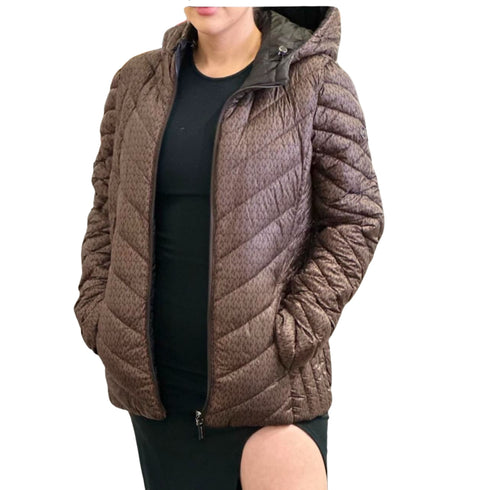 Chaqueta Michael Kors mujer café monograma /negro, Chevron Logo Print Quilted Nylon Reversible Jacket