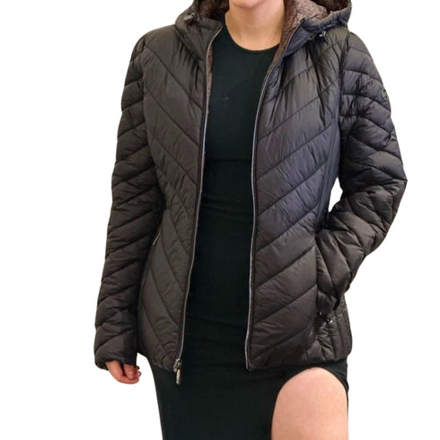 Chaqueta Michael Kors mujer café monograma /negro, Chevron Logo Print Quilted Nylon Reversible Jacket