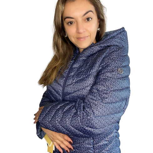 Parka Michael Kors mujer Celeste/monograma azul marino, Chevron Logo Print Quilted Nylon Reversible