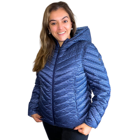 Parka Michael Kors mujer Celeste/monograma azul marino, Chevron Logo Print Quilted Nylon Reversible