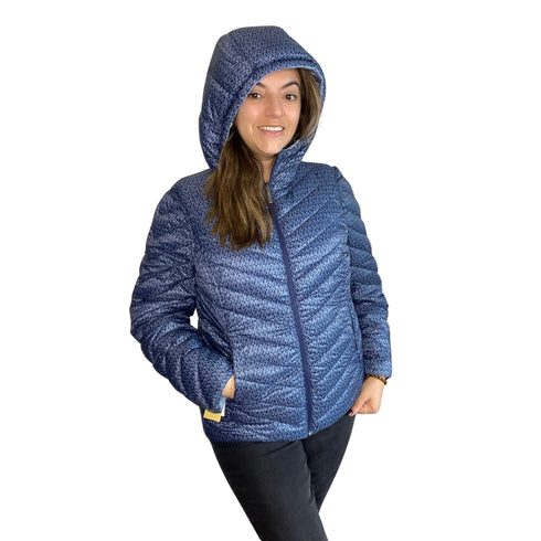 Parka Michael Kors mujer Celeste/monograma azul marino, Chevron Logo Print Quilted Nylon Reversible