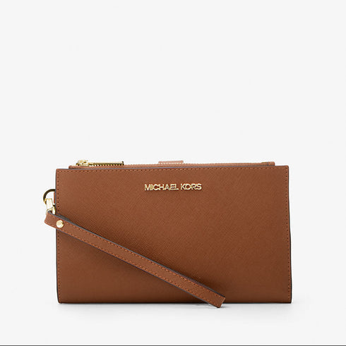 Billetera Michael Kors Jet Set grande para celular con correa camel