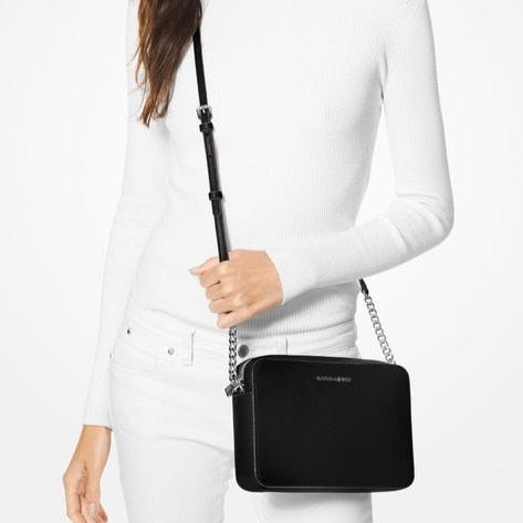 Crossbody Michael Kors Jet Set negro cuero herraje silver