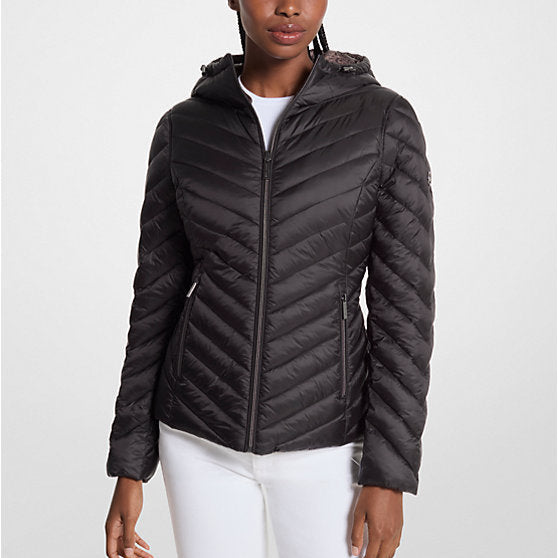 Chaqueta Michael Kors mujer café monograma /negro, Chevron Logo Print Quilted Nylon Reversible Jacket