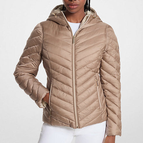 Parka reversible Michael Kors mujer vainilla monograma Chevron Logo Print Quilted Nylon