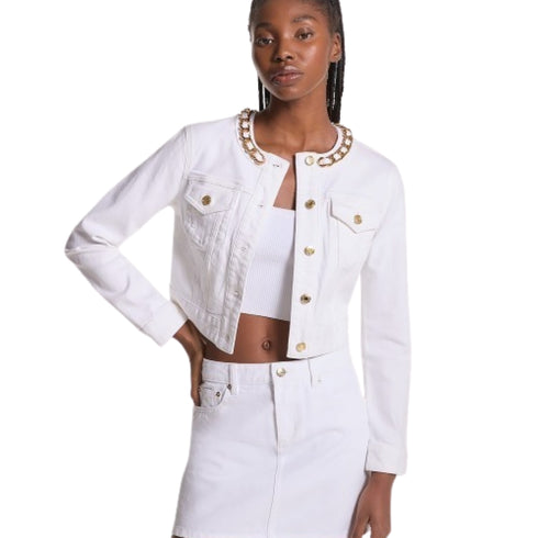Chaqueta dennin blanca Michael Kors detalles Gold