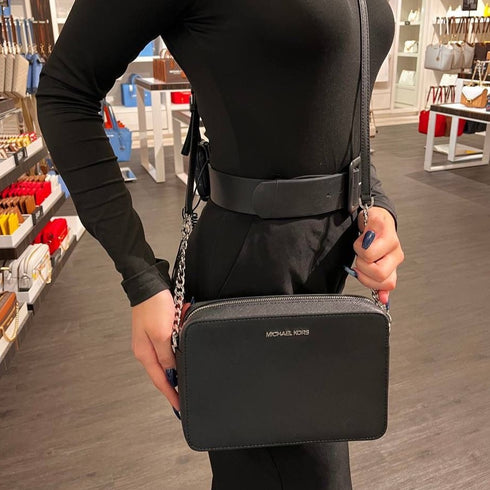 Crossbody Michael Kors Jet Set negro cuero herraje silver