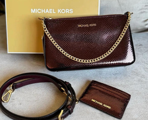 Michael Kors Set cartera y tarjetero Oxblood burdeo metalizado