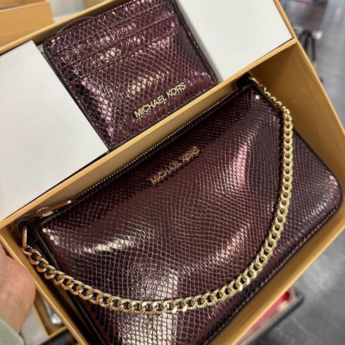 Michael Kors Set cartera y tarjetero Oxblood burdeo metalizado