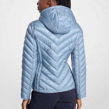 Parka Michael Kors mujer Celeste/monograma azul marino, Chevron Logo Print Quilted Nylon Reversible